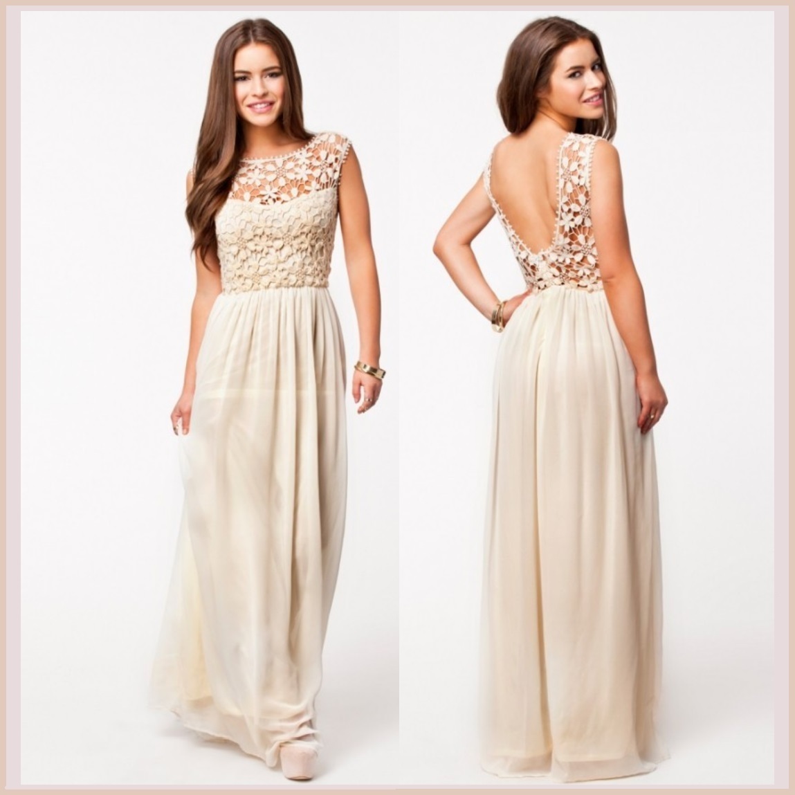 Crochet Top Floor Length Formal Sleeveless Backless Chiffon Evening Prom Gown