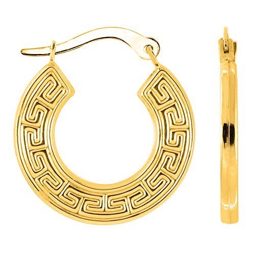 14K Yellow Gold Round Greek Key Hoop Earrings, Diameter 15mm Diamond