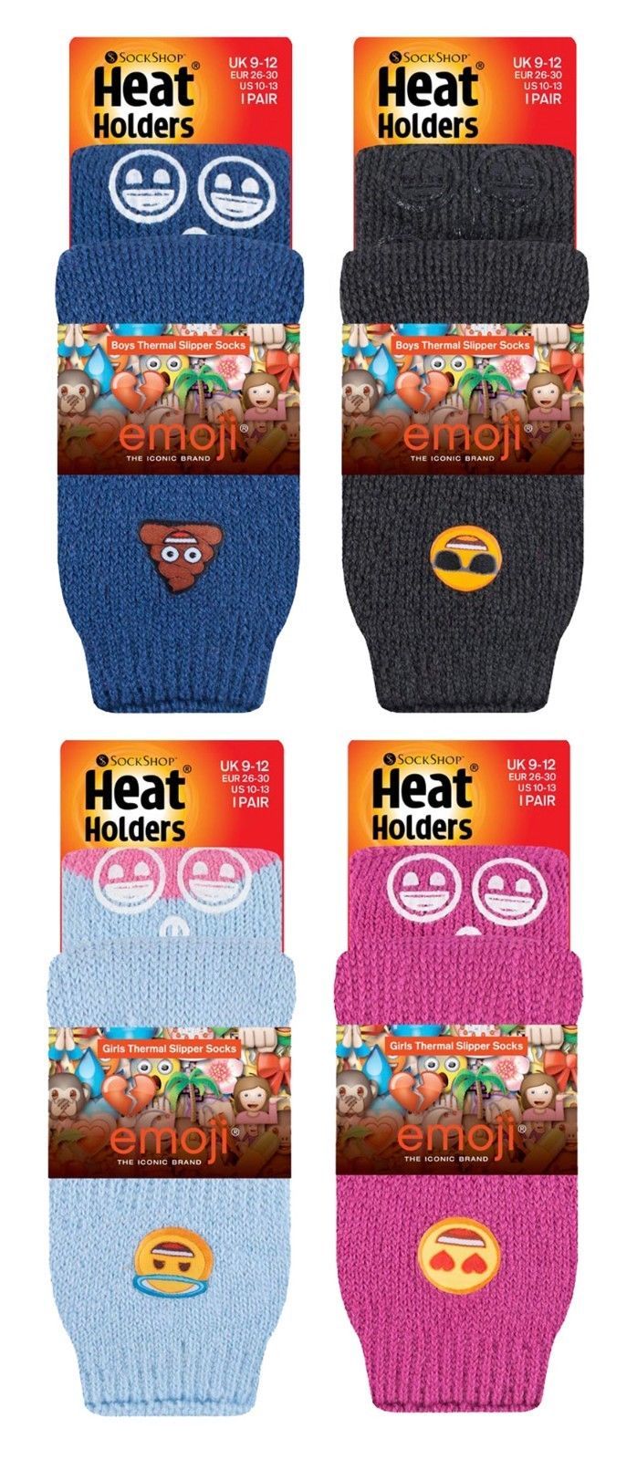 Heat Holders - Kids Girls Boys Emoji Winter Warm Non Skid Thermal Slipper Socks