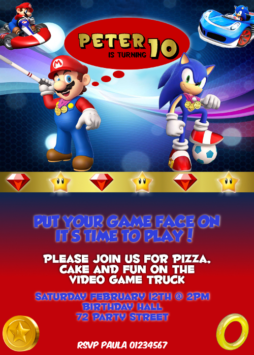 mario sonic printable birthday party invitation digital pdf file