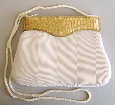 Gold Beaded Purse Evening Bag Clutch White Pleated Rayon Handbag Shoulde... - $22.00