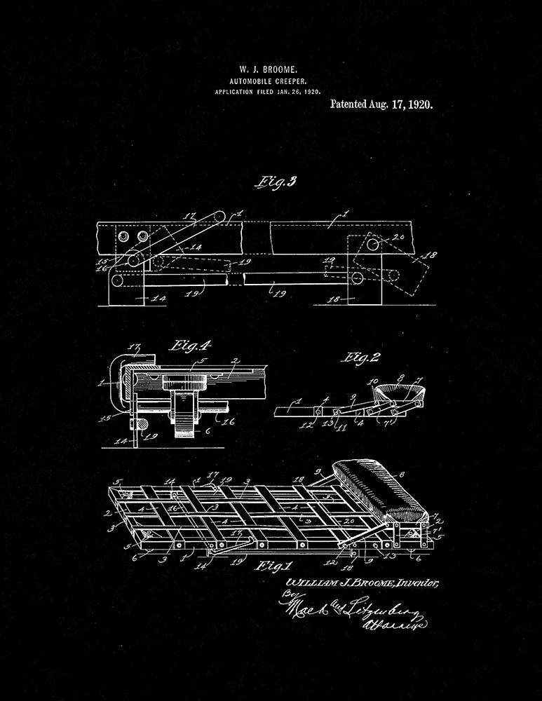 Automobile Creeper Patent Print - Black Matte