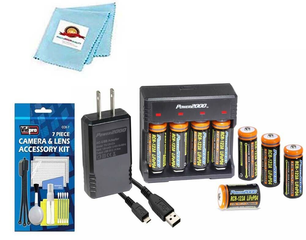 CR123A 8-Pack Rechargeable LiFePO4 Battery & Charger + Cleaning Kit 110 ...