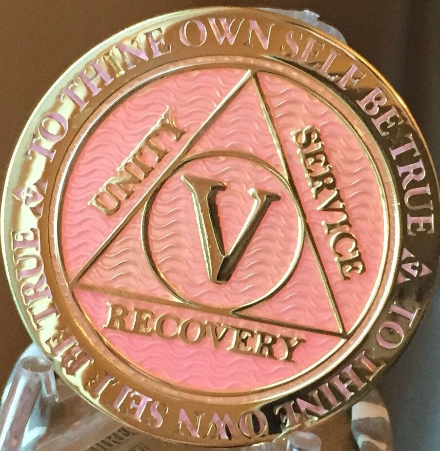 5 Year AA Medallion Pink Gold Plated Alcoholics Anonymous Sobriety Chip Coin V