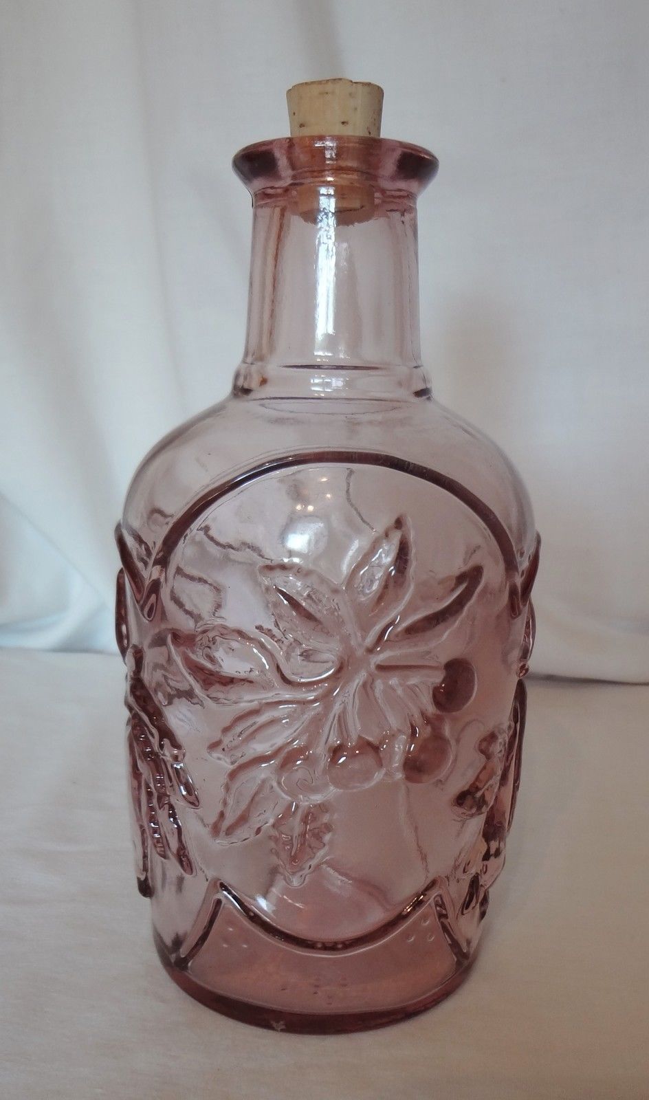 Pink Glass Decanter Bottle Fruit Cherry Pear Apple Grape Design
