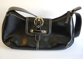 Black Handbag Purse Faux Leather Bag Tote Off White Stitching Pockets - $23.00