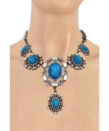 Vintage Victorian Inspired Blue Glittered Beads Gunmetal Statement Necklace - $29.93