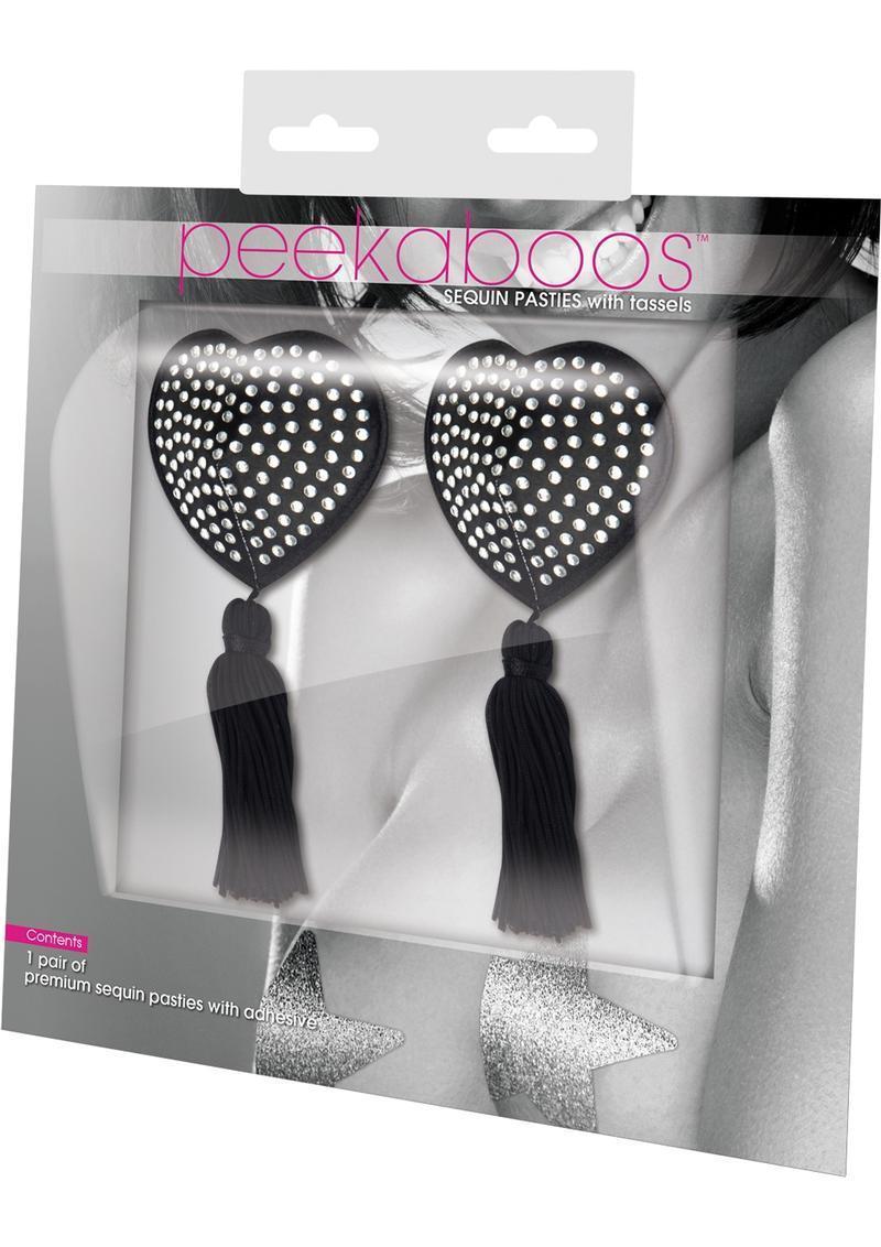 Eye Candy Peekaboo Pasties Black Satin Heart With Tassel Rhinestones Pair PK312