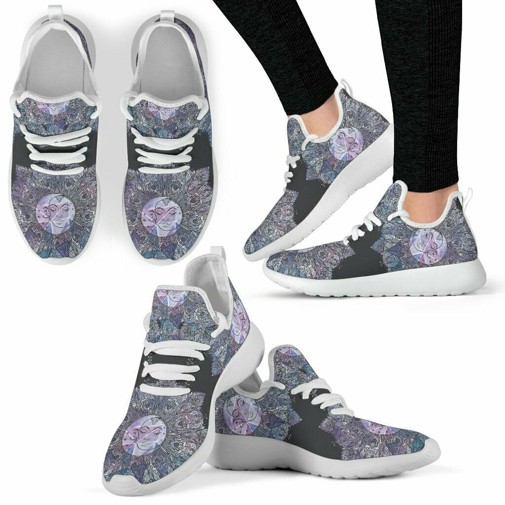 Watercolor Sun & Moon Mandala white sole handcrafted Sneakers - Fashion