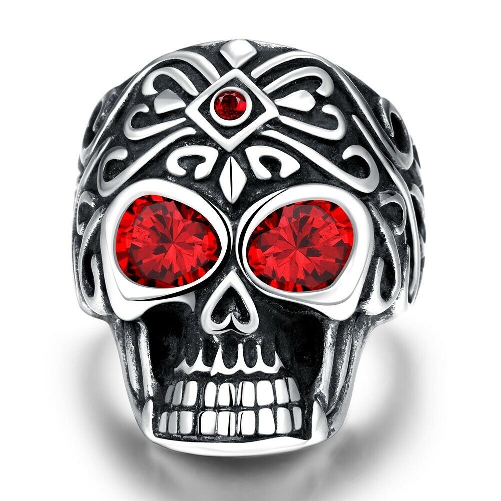 Surgical Steel Biker Skull Ring and Cross Bones Red CZ Eyes 5/8, sizes 9-15