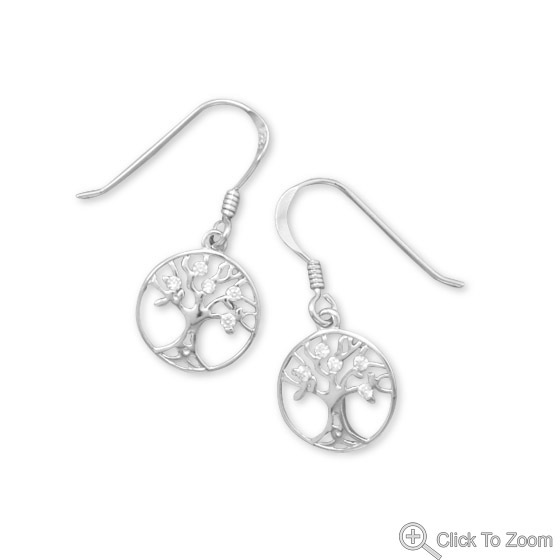 Sterling Silver French Wire Earrings with CZ Accented Tree of Life Drop