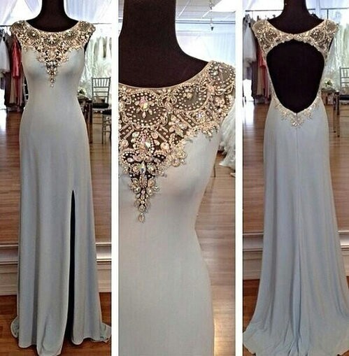 Image of Beautiful Jewels Neck Silver Grey Crystals Slit Side Prom Dress/Evening Dresses