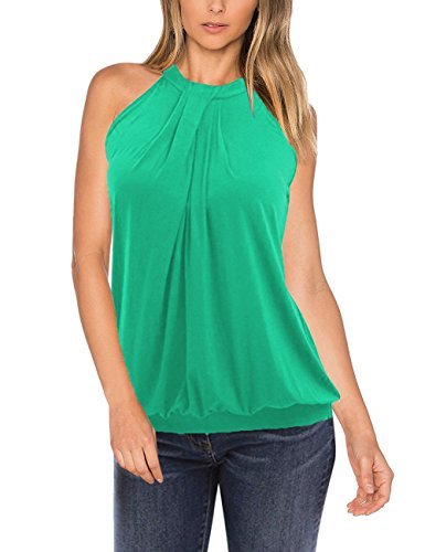 Yesfashion Women Sleeveless Halter Twisted Pleated Tank Top Blouse Light Green L - Tops & Blouses