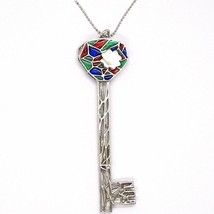 925 STERLING SILVER NECKLACE, BIG WORKED KEY CATHEDRAL RED, BLUE, GREEN ENAMEL image 2