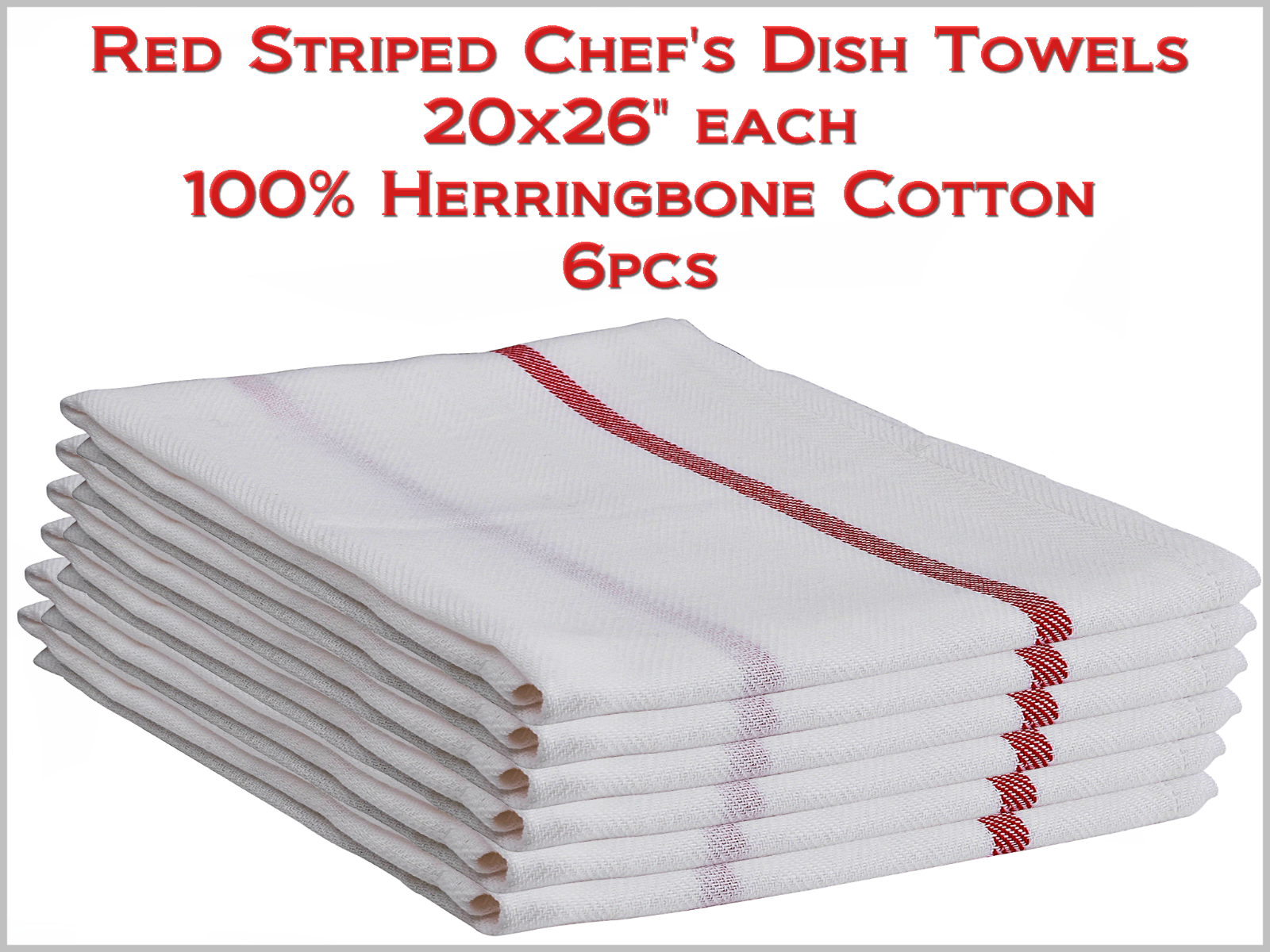 PRO Chef's Dish Towels White w Red Stripe 20x26" Herringbone 100