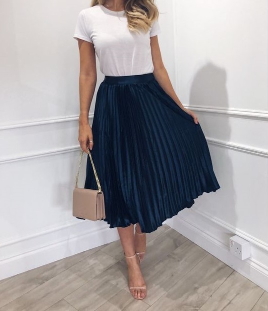 New navy blue faux leather pleated midi length women skirt autumn fall winter