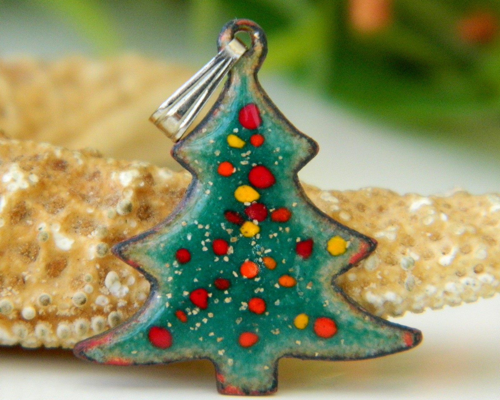 Vintage Christmas Tree Pendant Copper Enamel Holiday Figural Green