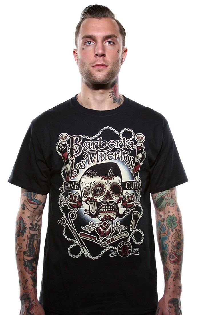 Image of LUCKY 13 BARBERIA LOS MUERTOS DAY OF DEAD PUNK BIKER GOTH TATTOO T SHIRT S-4XL