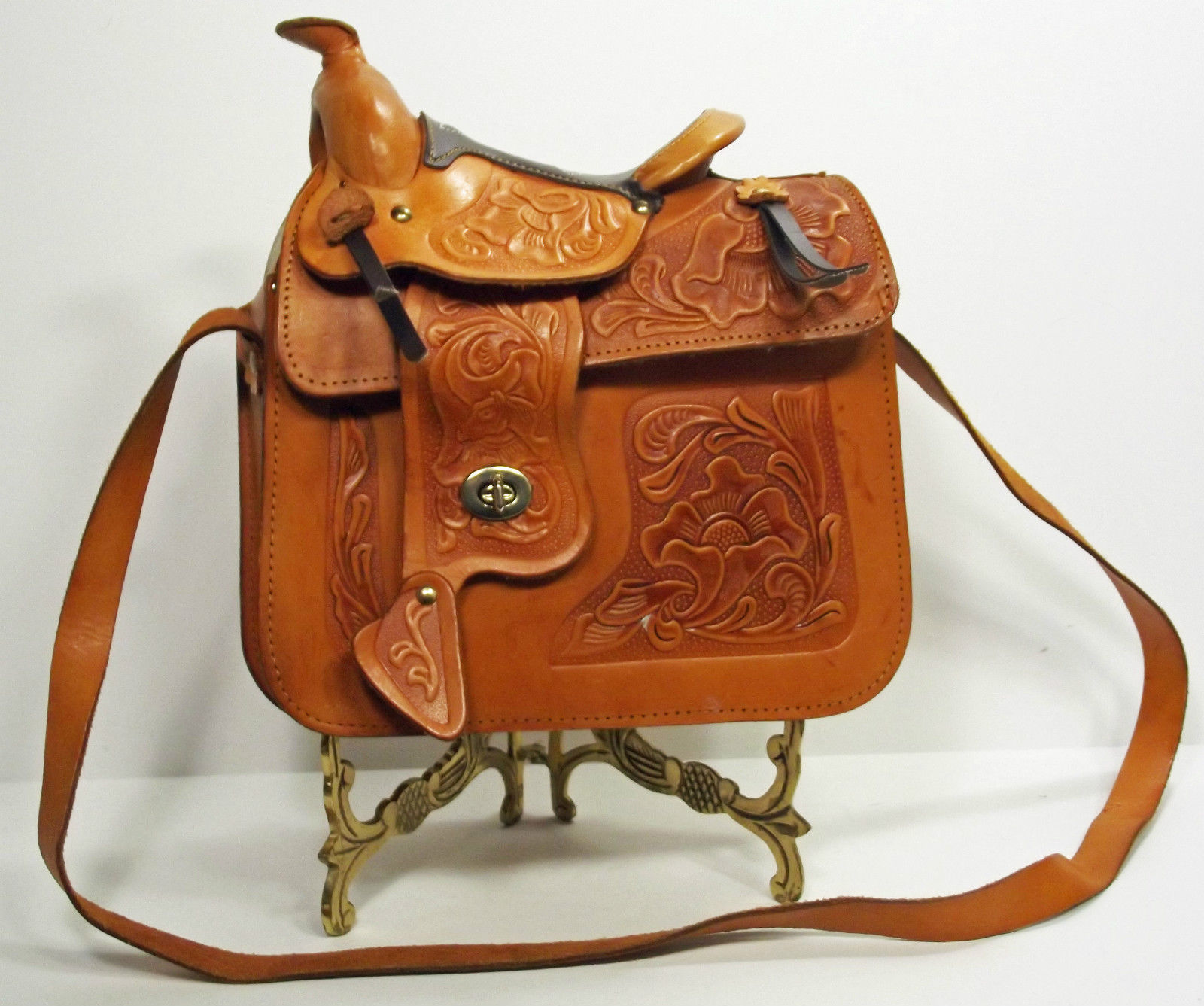 Purse Hand Tooled Floral Leather Handbag Horse Image Saddle Beautiful