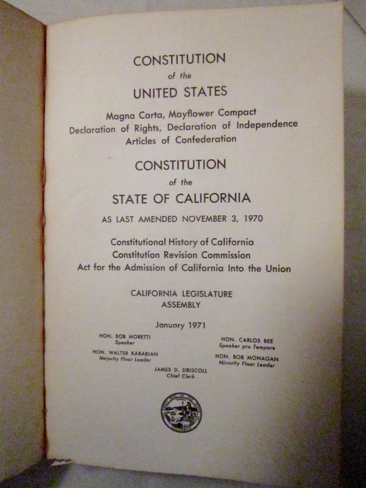 US Constitution, California Constitution 1971 And Historical Documents ...