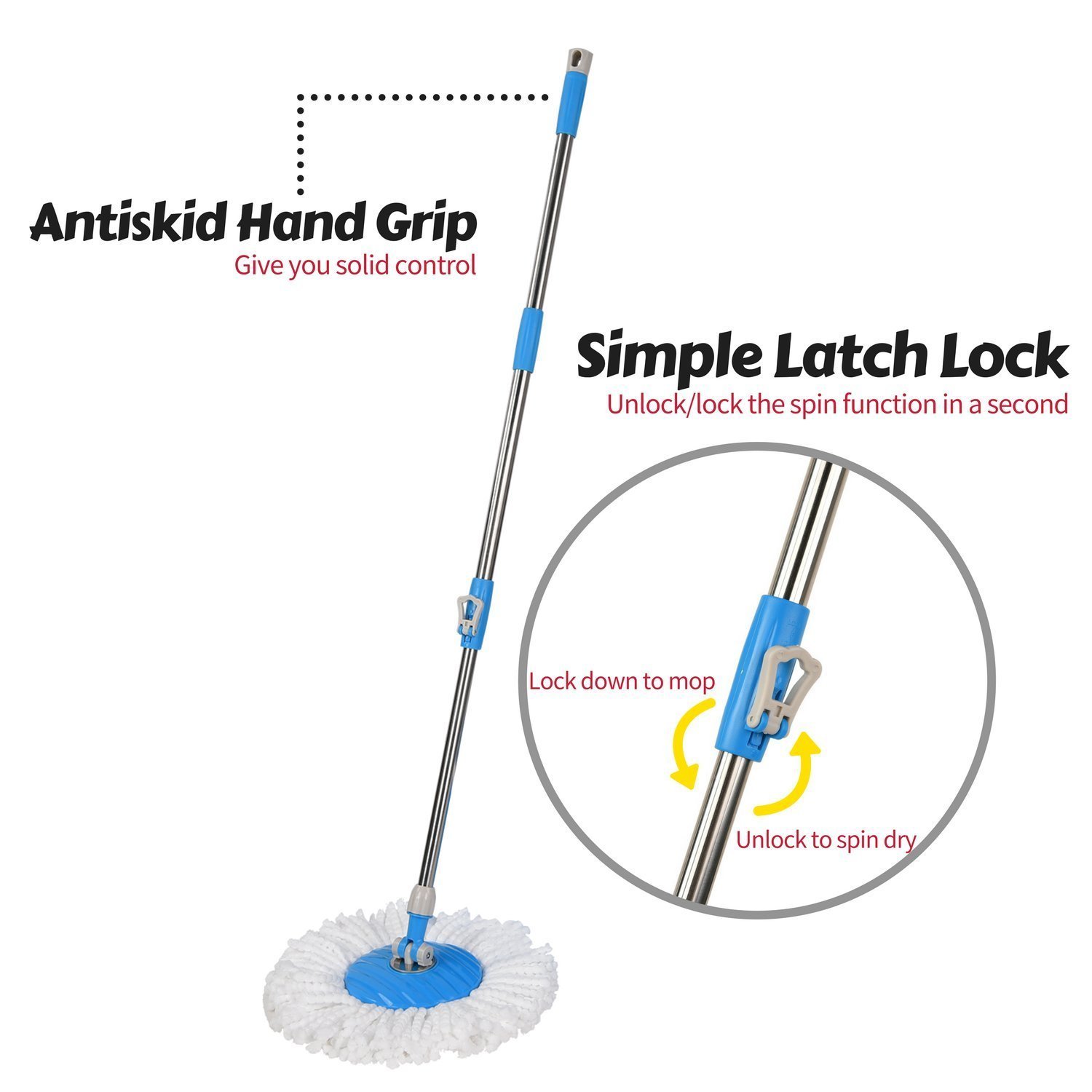 Woodsam Spin Mop Handle Replacement with 2x Microfiber cloth mop heads