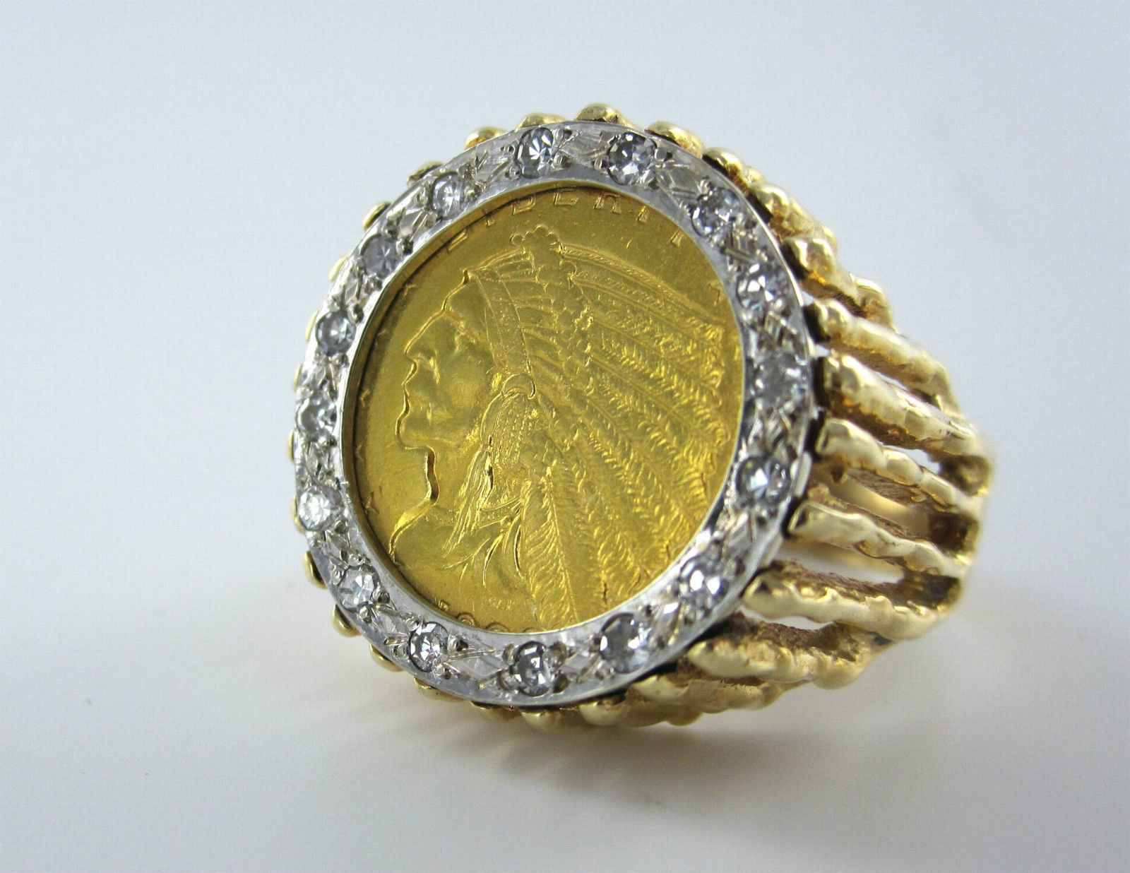 $2.1/2 DOLLAR 14K GOLD INDIAN HEAD QUARTER EAGLE COIN MENS RING DIAMOND ...