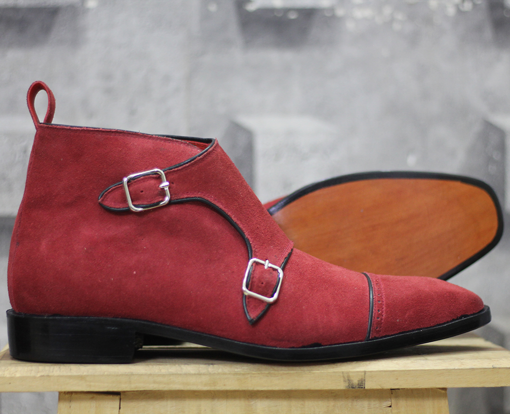 Handmade Men’s Maroon Color Suede Boots, Men Cap Toe Monk Strap Dress Boots
