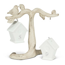 Birdhouse Salt Pepper Shakers on Branch Ceramic Resin 7.5" Long Birds Ivory Gift image 2