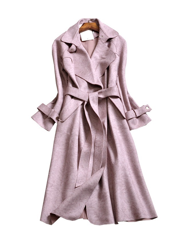 New blush light pink double breasted long faux suede women's trench ...