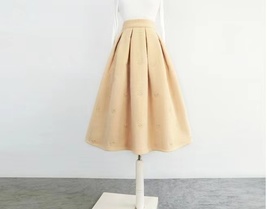 Women Winter Midi Pleated Skirt Outfit Apricot Warm Woolen Pleated Party Skirt  image 3