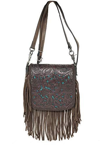 Western Genuine Leather Floral Tooled Fringe Womens Crossbody Bag 3 Color (Coffe