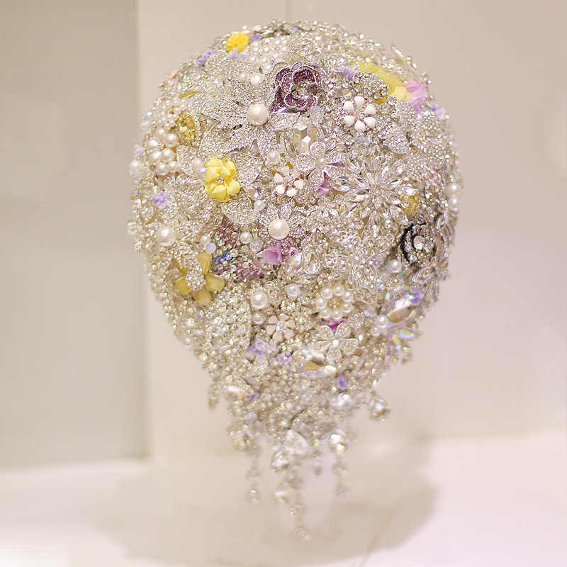8 inch luxury rhinestone pearl teardrop bouquet water drop bouquet Purple & yell