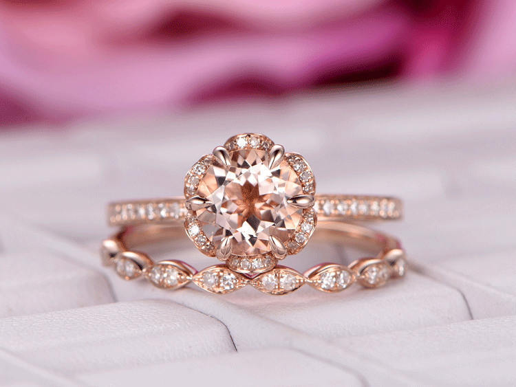 7mm Round Morganite & Diamond 14k Rose Gold Over Art Deco Flower Ring Set