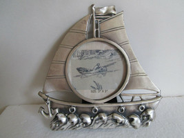 PHOTO FRAME in SHIP SHAPE METAL Pewter-like finish, Sail Boat Sailing Ocean - $5.99