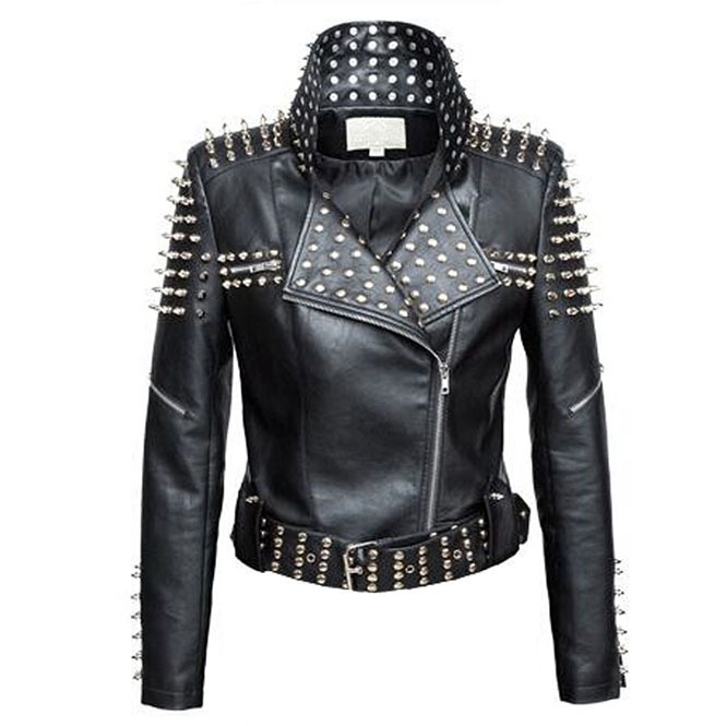 Black Color Belted Genuine Leather Silver Spiked Punk Studs Jacket for ...