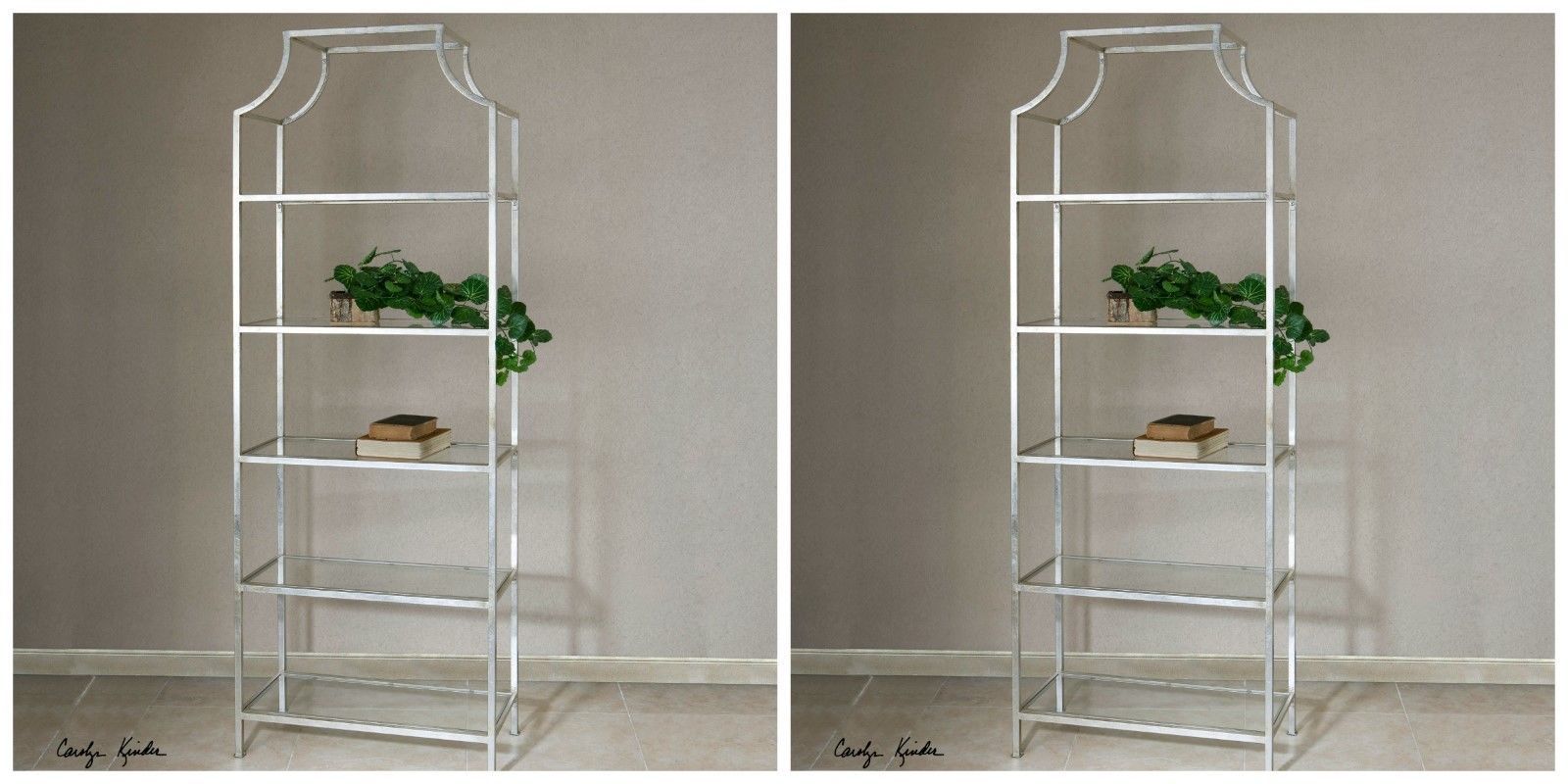 TWO NEW 84" METAL 5 SHELF BOOKSHELF SILVER LEAF TEMPERED GLASS SHELVES