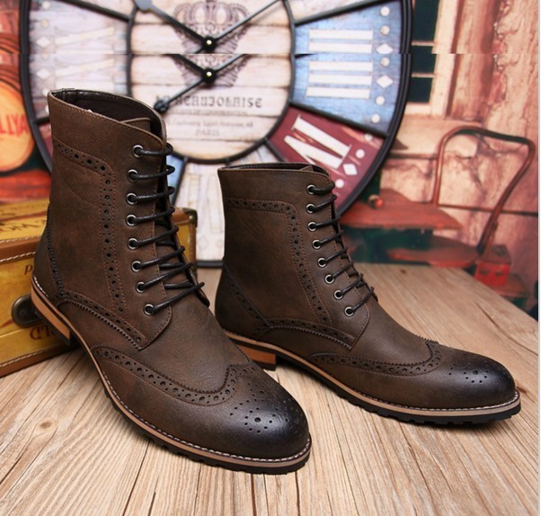 Burnished Toe Brown Wing Tip High Ankle Genuine Leather LaceUp Stylish Men Boots