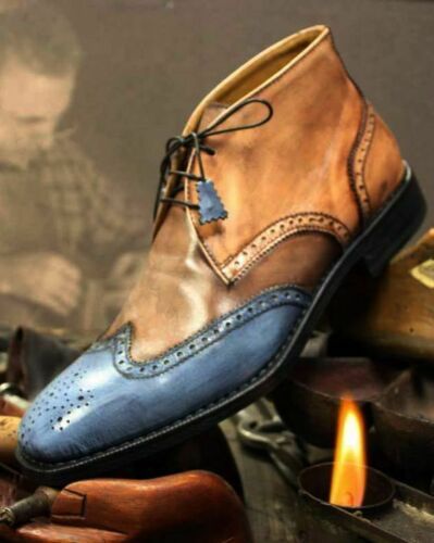 Handmade Oxford Boot Tan Blue Leather chukka boot, Mens lace up Ankle High boot