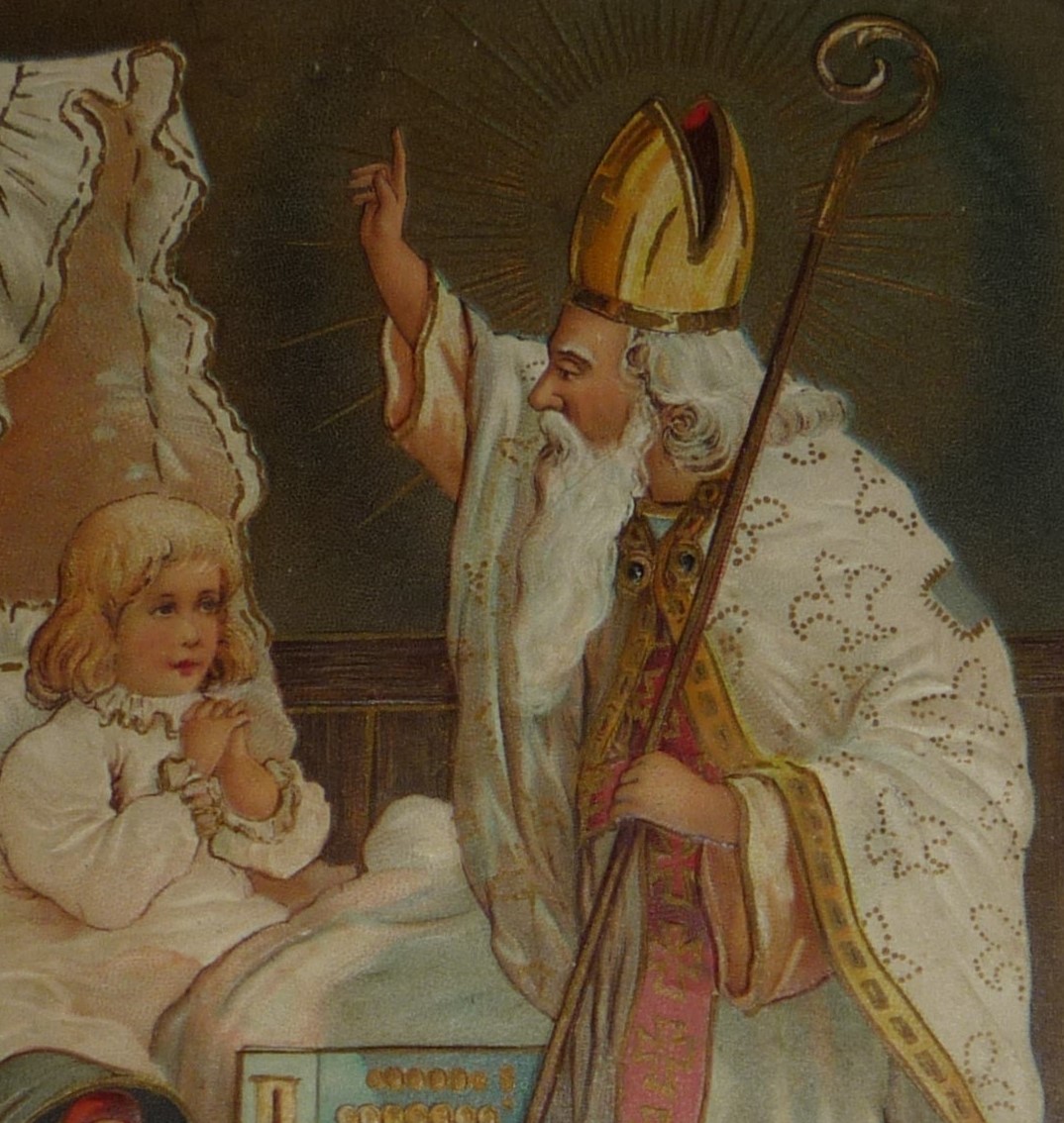 Primary image for  St. Nicholas in White W/ Mitre & Staff, Girl in Bed, Antique Christmas Postcard