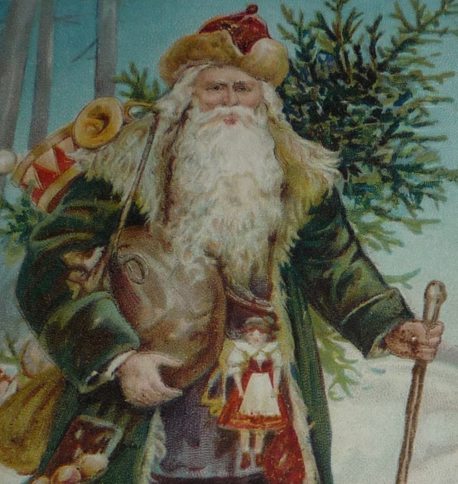 Santa Claus in Green With Tree, Toys & Walking Stick Antique Christmas ...