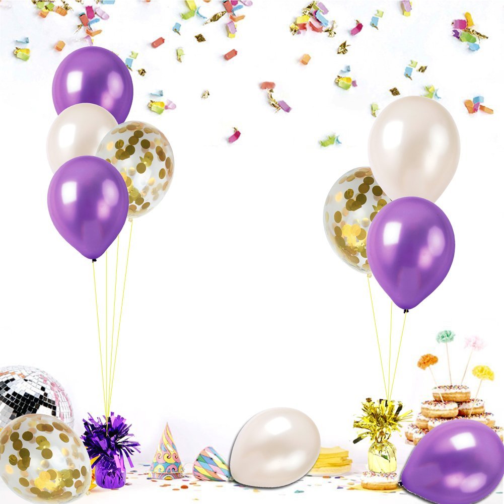 KUMEED 12" White Dark Purple Gold Confetti Balloons Latex Balloon