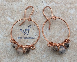 Handmade dragon agate hoop earrings: criss cross copper wire wrapped - $30.00