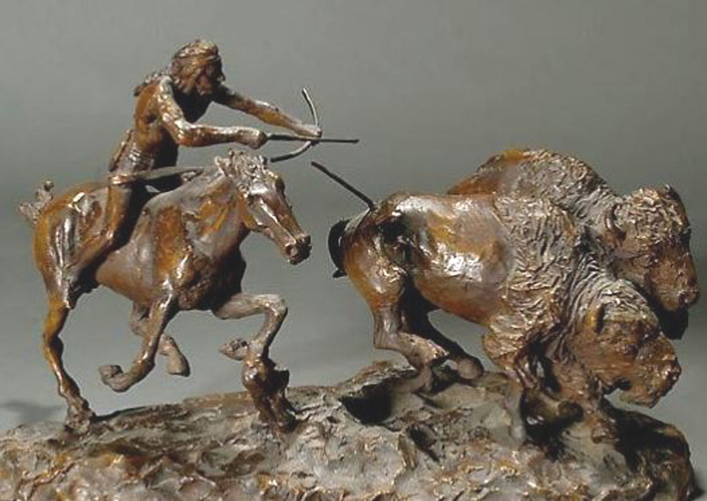 Double Buffalo Hunt Collectible Pure Bronze Sculpture Statue By C. M ...