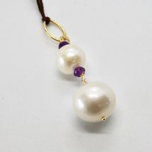SOLID 18K YELLOW GOLD PENDANT WITH 2 WHITE FW PEARL AND AMETHYST MADE IN ITALY image 5