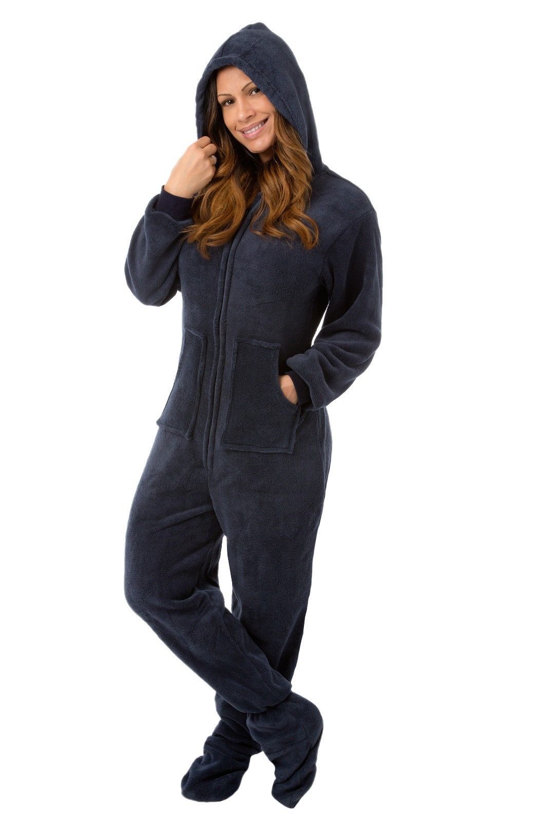 Big Feet Pjs - Navy Blue Hoodie Plush Adult Footed Pajamas - Sleepwear ...