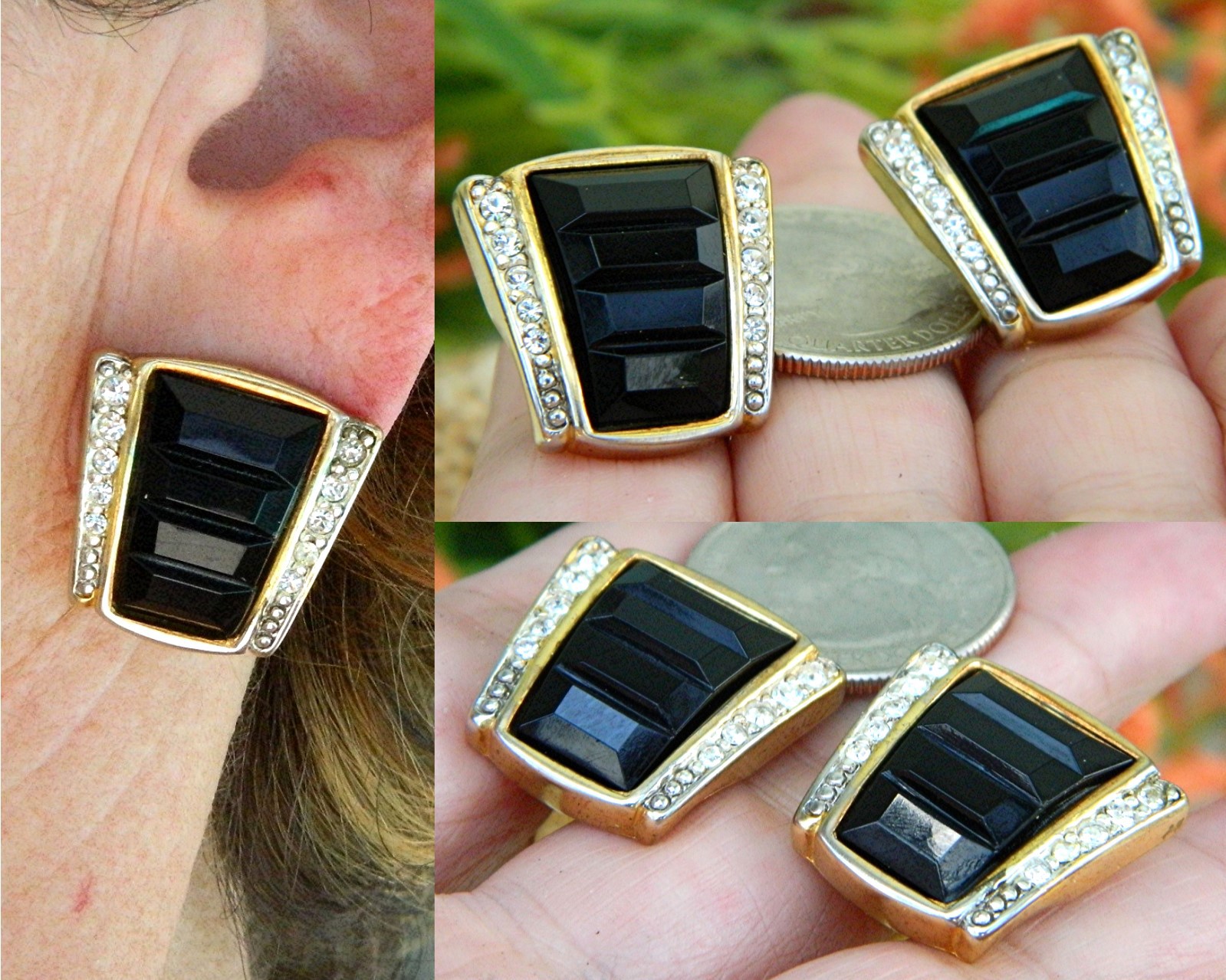 Vintage Black Gold Rhinestones Craft Signed Clip On Earrings GemCraft