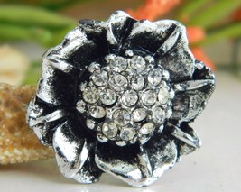 Vintage Silver Black Flower Brooch Pin Rhinestones Figural - $18.95