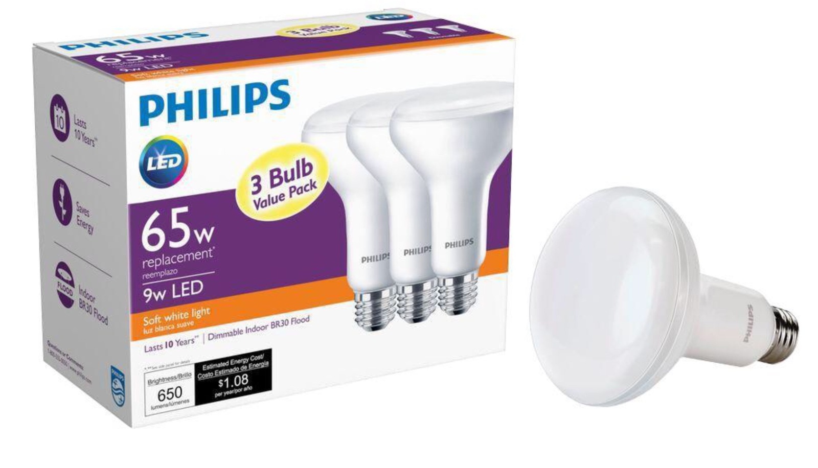 Philips LED 65W Equivalent Daylight BR30 Dimmable Flood Light Bulb 3 ...