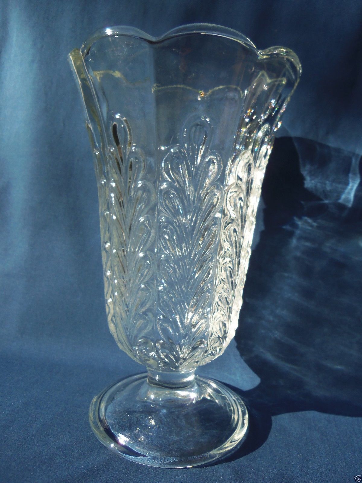 E.O.Brody Co.USA Clear Glass Pedestal Vase M5200 Fern Leaf Design 9" x5