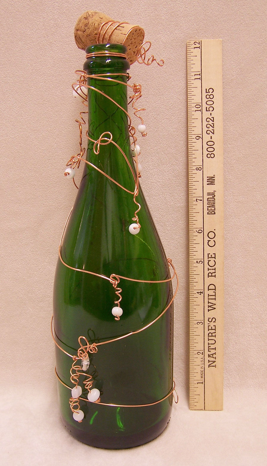 Green Wine Bottle Decorated with Copper Wire & White Beads With Popped